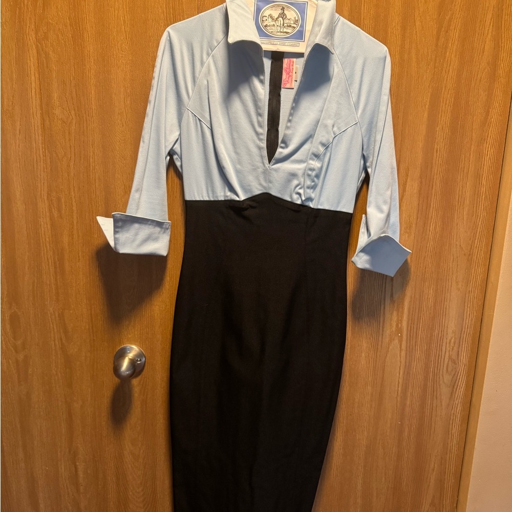 Pinup Couture Blue and Gray Sheath Dress with Notched Collar